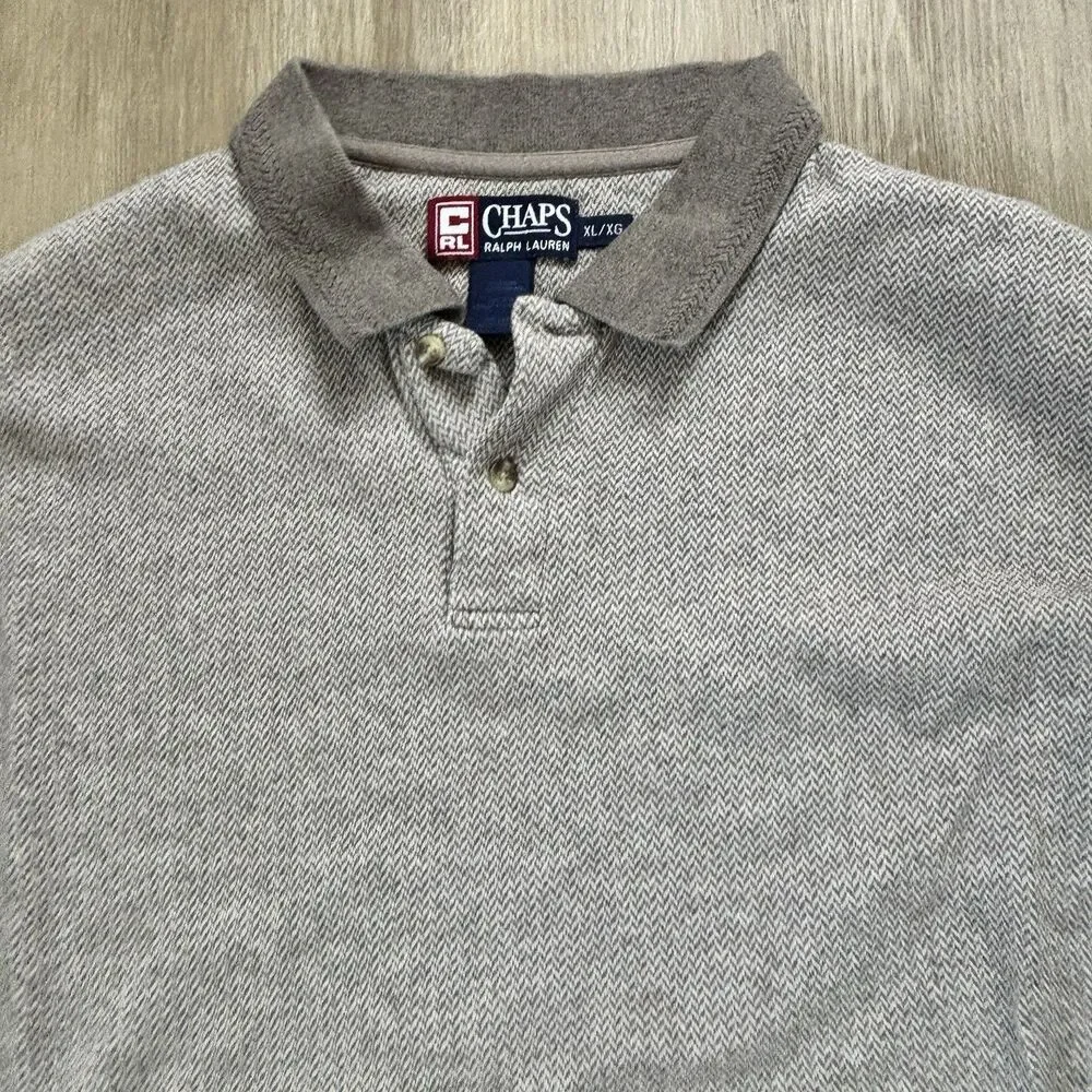 Chaps Ralph Lauren Polo Shirt Mens XL Brown Gray Herringbone Long Sleeve Vintage